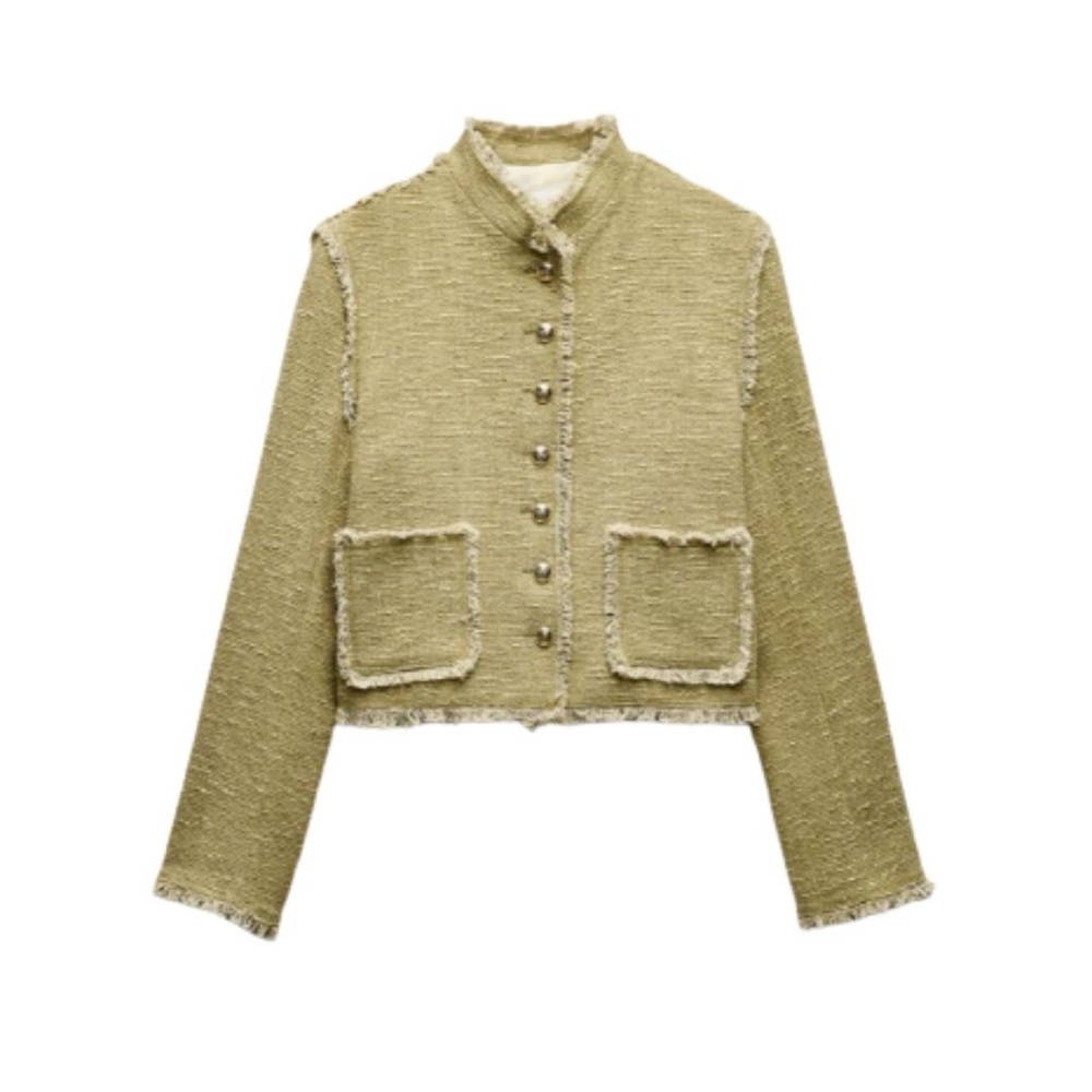 Zara ZW Collection Textured Frayed Jacket, Sage Green, Size M